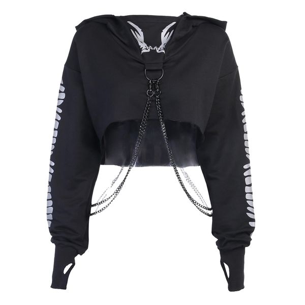 women gothic reflective print hoodies crop pullover sweatshirt jumpers with detachable o-ring chain, Black
women gothic reflective print hoodies crop pullover sweatshirt jumpers with detachable o-ring chain, Black