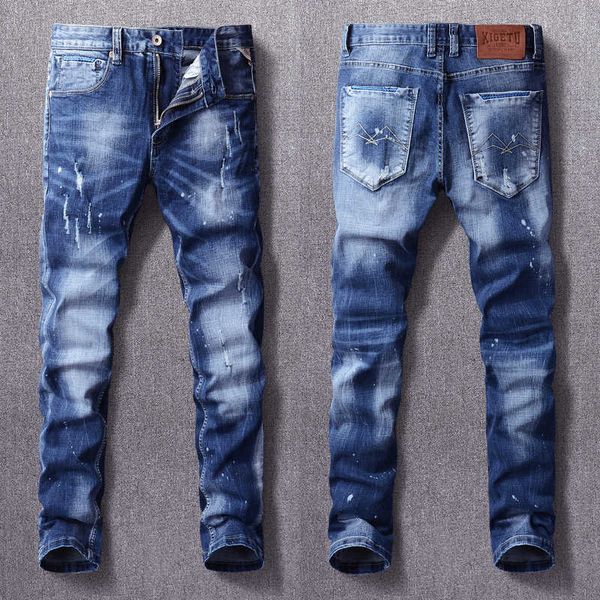 italian style fashion men jeans retro blue elastic slim fit ripped vintage designer destroyed denim pants
italian style fashion men jeans retro blue elastic slim fit ripped vintage designer destroyed denim pants