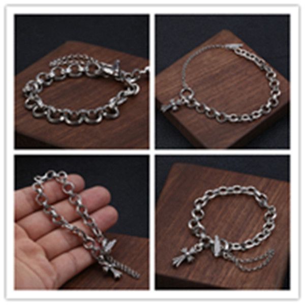 925 sterling silver round link chain cross bracelets american european antique handmade vintage designer luxury jewelry accessories gifts, Black
925 sterling silver round link chain cross bracelets american european antique handmade vintage designer luxury jewelry accessories gifts, Black