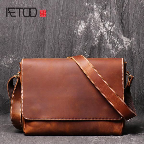 

HBP AETOO Vintage Leather Mens Luxurys Designers Bags Handmade Cowhide Sloping HandBag Mad Horse Simple Men's One-shoulder Bag, Khaki