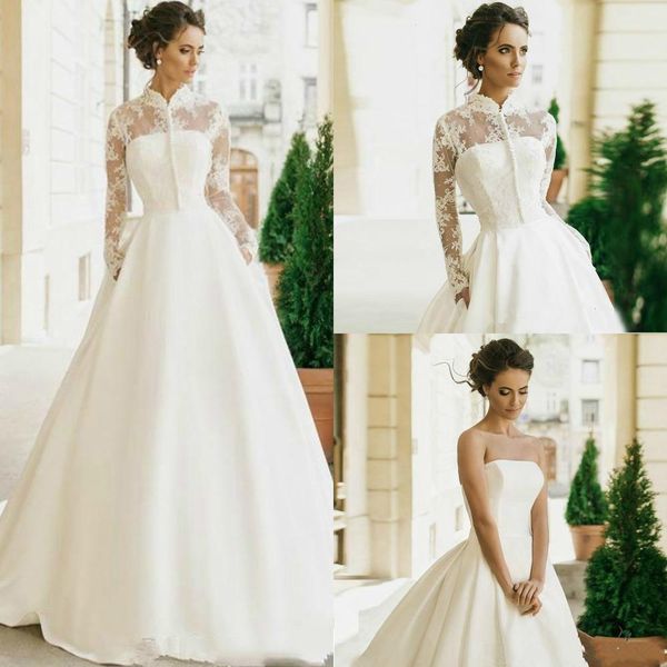 vintage satin wedding dresses lace long sleeves gowns high neck detachable jacket strapless custom made sweep train covered buttons robe de, White
vintage satin wedding dresses lace long sleeves gowns high neck detachable jacket strapless custom made sweep train covered buttons robe de, White