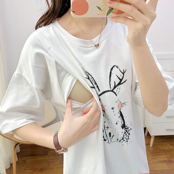 women's t-shirt summer outdoor women mid-length cotton breastfeeding clothing cartoon printed ladies dress clothes, White
women's t-shirt summer outdoor women mid-length cotton breastfeeding clothing cartoon printed ladies dress clothes, White