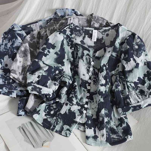 women's blouses & shirts retro ink painting v neck print small casual breasted cropped short summer korean thin puff sleeve wo, White
women's blouses & shirts retro ink painting v neck print small casual breasted cropped short summer korean thin puff sleeve wo, White