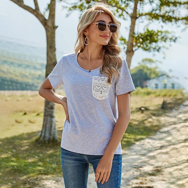 women's t-shirt boho chic women solid color short sleeve round neck lace pocket street fit slim jeans accessories, White
women's t-shirt boho chic women solid color short sleeve round neck lace pocket street fit slim jeans accessories, White