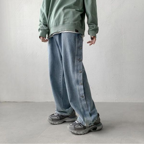 men's jeans autumn side buttons loose personality straight fashion casual pants, Blue
men's jeans autumn side buttons loose personality straight fashion casual pants, Blue
