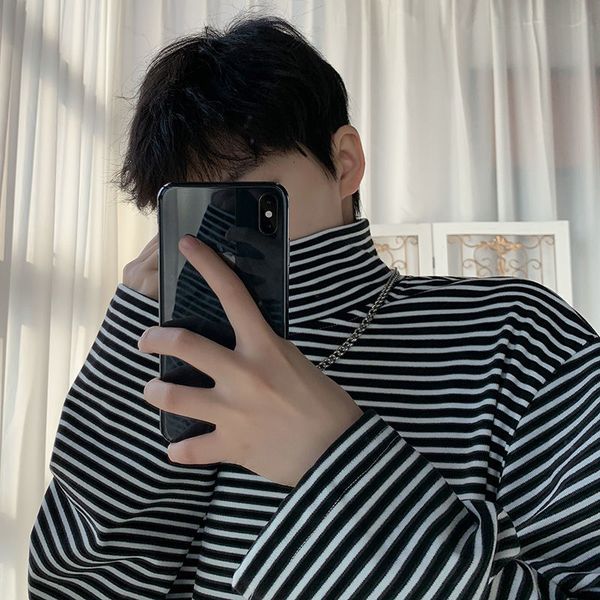 manly 2021 long shirt spring new striped fall, turtleneck high male and female pullovers teenagers m4y0a1, White;black