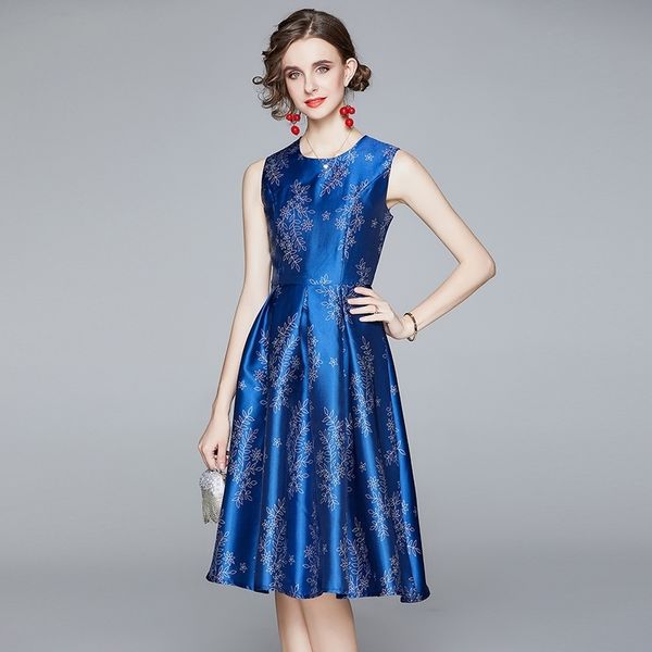spring fall temperament high-end blue jacquard white branch and leaf print sleeveless tank dress retro ladies 210525, Black;gray 
spring fall temperament high-end blue jacquard white branch and leaf print sleeveless tank dress retro ladies 210525, Black;gray