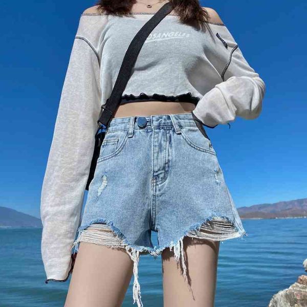 denim shorts women's summer 2021 korean version new waist thin show high loose hole rough edge wide leg pants fashion, Black
denim shorts women's summer 2021 korean version new waist thin show high loose hole rough edge wide leg pants fashion, Black