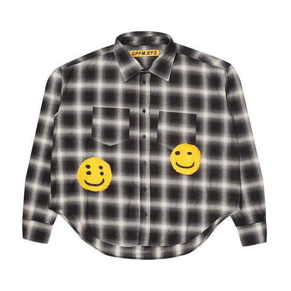 men's casual shirts cpfm high street trend ins smiling face long sleeve gradient plaid shirt loose personality overlay hem large shirt, White;black
men's casual shirts cpfm high street trend ins smiling face long sleeve gradient plaid shirt loose personality overlay hem large shirt, White;black