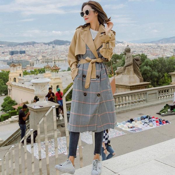 women's trench coats autumn coat female 2021 color hepburn plaid long windbreaker atmosphere adjustable waist epaulet, Tan;black 
women's trench coats autumn coat female 2021 color hepburn plaid long windbreaker atmosphere adjustable waist epaulet, Tan;black