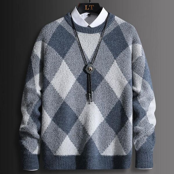men's sweaters autumn winter vintage plaid sweater men clothing korean fashion knitwear loose black blue casual pullover, White;black
men's sweaters autumn winter vintage plaid sweater men clothing korean fashion knitwear loose black blue casual pullover, White;black
