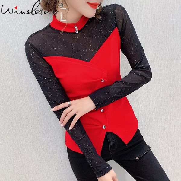 women's t-shirt spring fall korean clothes girl fashion stand diamonds patchwork mesh irregularity cotton women tees t0d202a, White
women's t-shirt spring fall korean clothes girl fashion stand diamonds patchwork mesh irregularity cotton women tees t0d202a, White