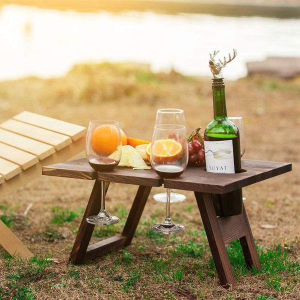 camp furniture portable wooden table outdoor picnic camping barbecue folding with glass wine rack travel foldable fruit