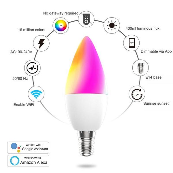smart home control tuya wifi bulb rgb + w c full color led candle e14 dimmable light life / remote compatible with alexa
smart home control tuya wifi bulb rgb + w c full color led candle e14 dimmable light life / remote compatible with alexa