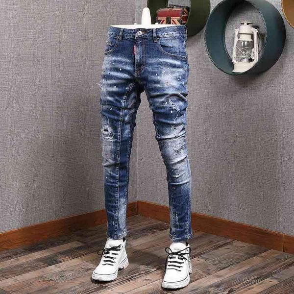 men's jeans italian style fashion men elastic cotton slim fit ripped spliced painted designer hip hop biker pants 28c, Blue
men's jeans italian style fashion men elastic cotton slim fit ripped spliced painted designer hip hop biker pants 28c, Blue