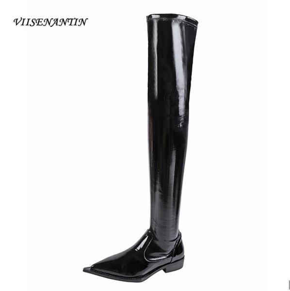 boots over-the-knee flat-heel for fall/winter style pointed patent leather stretch side zipper long-tube women's, Black
boots over-the-knee flat-heel for fall/winter style pointed patent leather stretch side zipper long-tube women's, Black