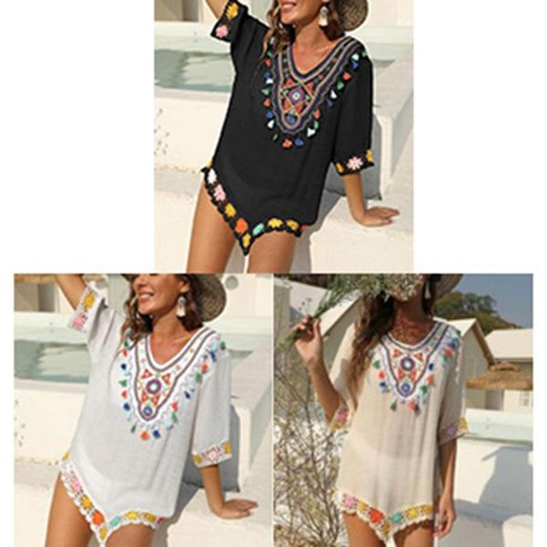 women's swimwear kf-women's ethnic style color embroidery hand hook stitching five-point sleeve loose beach blouse dress, White;black
women's swimwear kf-women's ethnic style color embroidery hand hook stitching five-point sleeve loose beach blouse dress, White;black