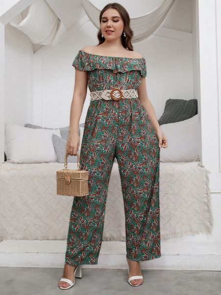 plus paisley print off shoulder ruffle trim jumpsuit without belt b3ys#, Black 
plus paisley print off shoulder ruffle trim jumpsuit without belt b3ys#, Black