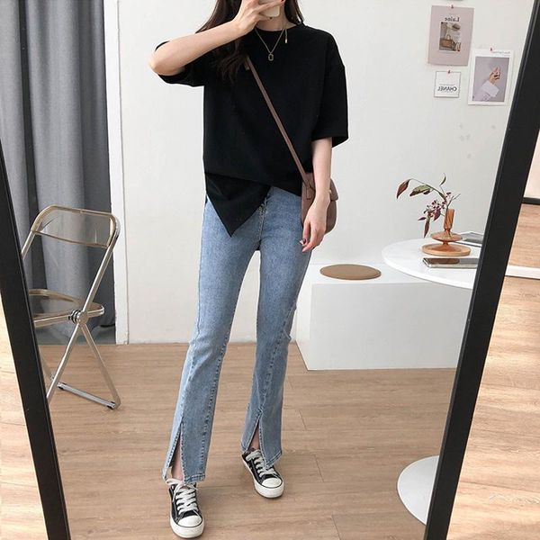 women's t-shirt summer casual solid color round neck short sleeve split loose, White
women's t-shirt summer casual solid color round neck short sleeve split loose, White