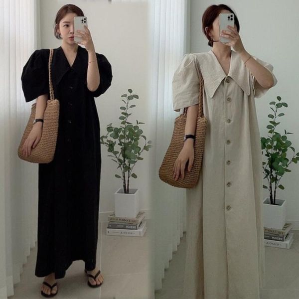 casual dresses classical korean fashion 2021 summer large lapel solid color puff sleeve women's dress loose single-breasted, Black;gray
casual dresses classical korean fashion 2021 summer large lapel solid color puff sleeve women's dress loose single-breasted, Black;gray