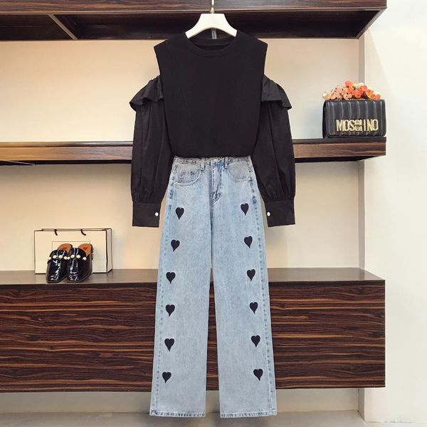 women's two piece pants autumn 2021 lady set women korean love embroidery t-thirt and jeans outfit female plus size loose casual suit s, White
women's two piece pants autumn 2021 lady set women korean love embroidery t-thirt and jeans outfit female plus size loose casual suit s, White