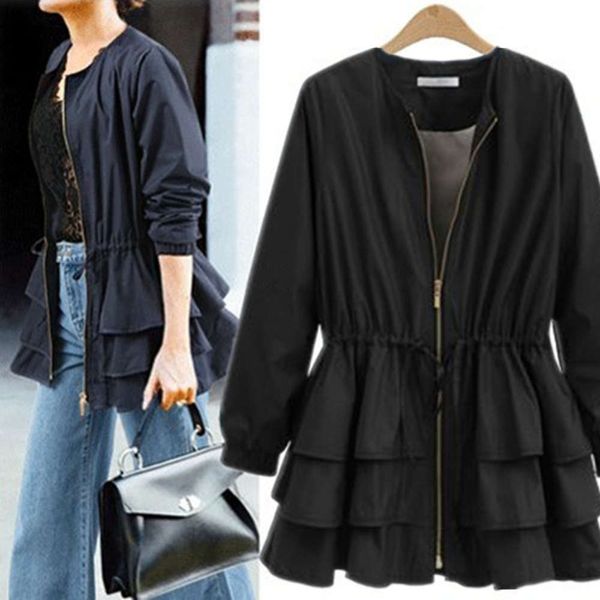 new large women's in autumn 2020 with thin waist and medium length ruffle dress windbreaker coat, Black
new large women's in autumn 2020 with thin waist and medium length ruffle dress windbreaker coat, Black