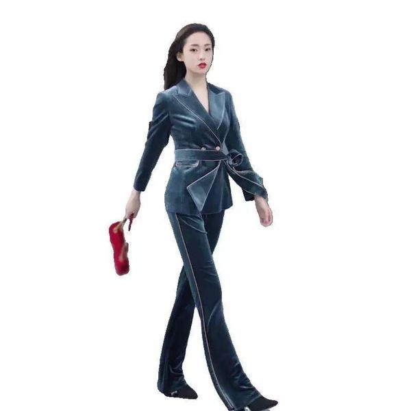 women's two piece pants suit autumn and winter velvet fashion jacket temperament slim thin flared, White
women's two piece pants suit autumn and winter velvet fashion jacket temperament slim thin flared, White