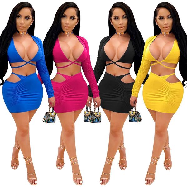 solid suit outfit two women tracksuits piece set deep v crop mini skirt tracksuit ruched hollow out club, Gray
solid suit outfit two women tracksuits piece set deep v crop mini skirt tracksuit ruched hollow out club, Gray