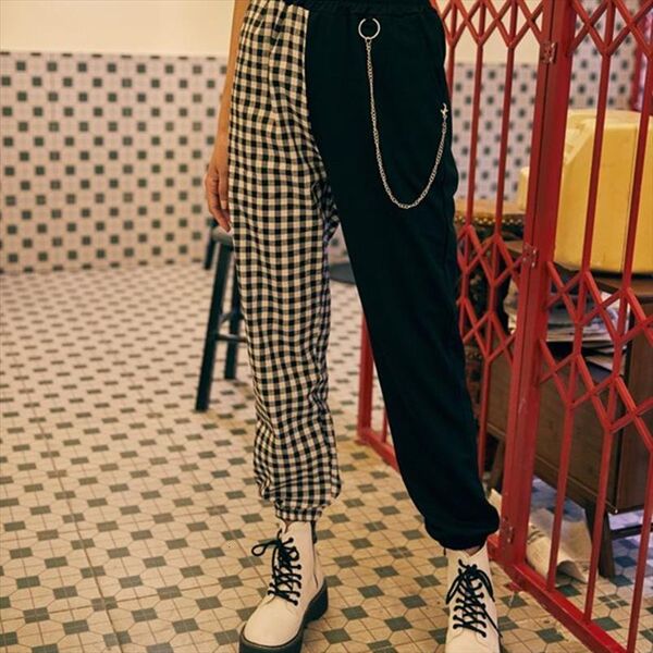 jogger high waist trousers patchwork womens pant plaid casual loose decorative chain wear sports bottoms, Black;white
jogger high waist trousers patchwork womens pant plaid casual loose decorative chain wear sports bottoms, Black;white
