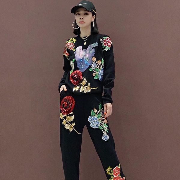 women's two piece pants black knitted 2 pc suit women flower sequin bird pattern printing knit sweater pullover long pencil casual ladi, White
women's two piece pants black knitted 2 pc suit women flower sequin bird pattern printing knit sweater pullover long pencil casual ladi, White