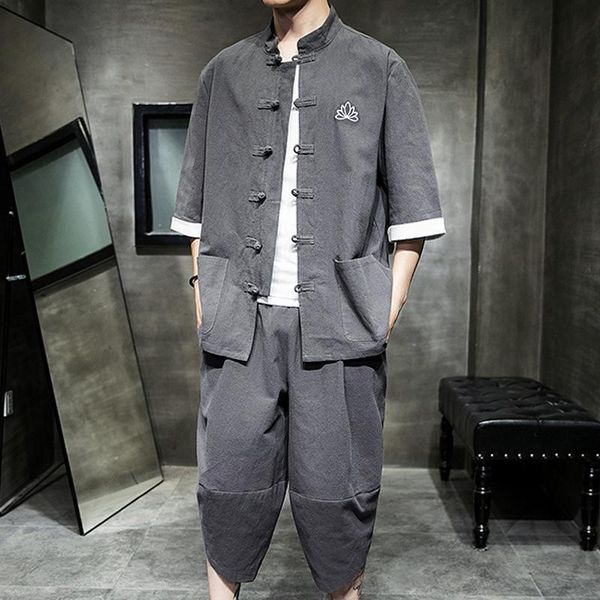 men's tracksuits summer chinese-style cotton linen set casual large size wear loose-fit short-sleeved shirt capri pants, Gray
men's tracksuits summer chinese-style cotton linen set casual large size wear loose-fit short-sleeved shirt capri pants, Gray