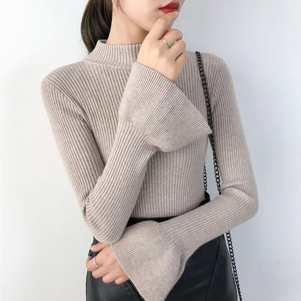 women's sweaters solid knitted women sweater turtleneck all match fashion flare sleeved slim elastic lady elegant pulls outwear coat, White;black
women's sweaters solid knitted women sweater turtleneck all match fashion flare sleeved slim elastic lady elegant pulls outwear coat, White;black