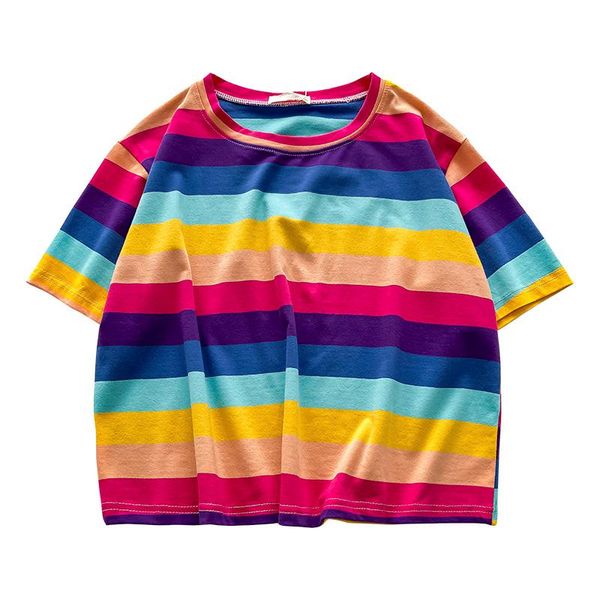 women's t-shirt 2021 summer rainbow striped women fashion loose all-match short sleeve female tee fashionable western style top, White
women's t-shirt 2021 summer rainbow striped women fashion loose all-match short sleeve female tee fashionable western style top, White