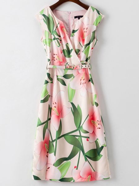 flower print women a-line dress sleeveless v-neck dresses with belt, Black;gray 
flower print women a-line dress sleeveless v-neck dresses with belt, Black;gray