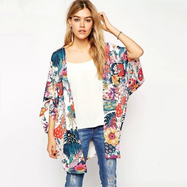 chiffion boho floral print womens shirts beach shawl kimono cardigan casual loose half sleeve long blusa clothing, White 
chiffion boho floral print womens shirts beach shawl kimono cardigan casual loose half sleeve long blusa clothing, White