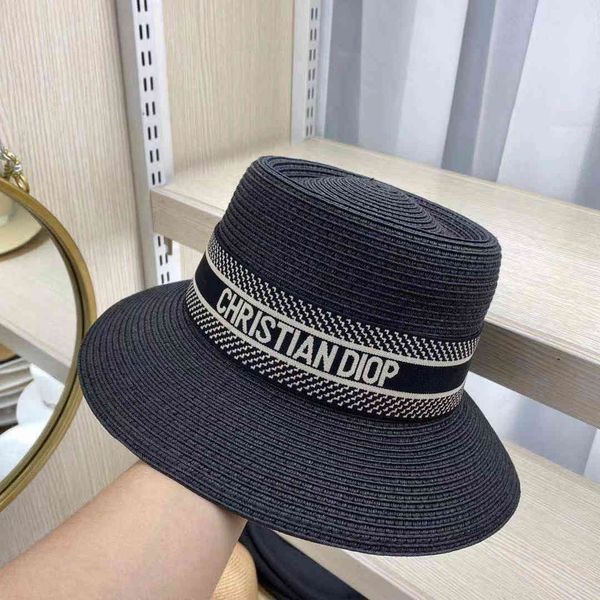 2021 new letter webbing net red straw large head circumference simple fashion versatile flat hat