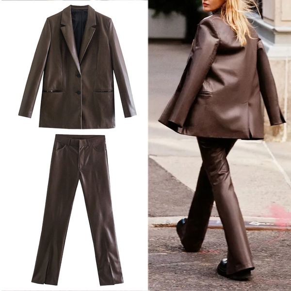 za women suits 2021 autumn fashion single-breasted office leather blazers coat high wasit pants female casual 2 piece set, White;black
za women suits 2021 autumn fashion single-breasted office leather blazers coat high wasit pants female casual 2 piece set, White;black