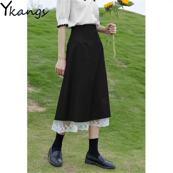 black high waist lace stitching skirt with slits women design mid-length a-line skirt in summer korean office ladies long skirt 210619
black high waist lace stitching skirt with slits women design mid-length a-line skirt in summer korean office ladies long skirt 210619