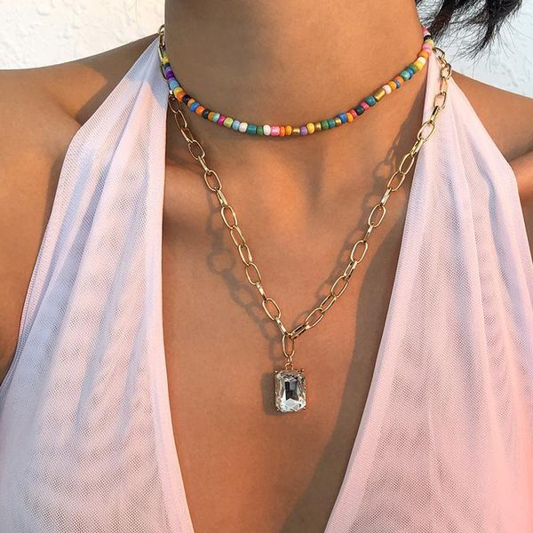 pendant necklaces fashion square crystal link chain necklace women boho colorful beads choker double layered long summer jewelry, Silver
pendant necklaces fashion square crystal link chain necklace women boho colorful beads choker double layered long summer jewelry, Silver