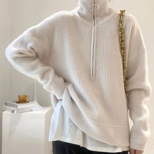women's sweaters vintage turtleneck knitted sweater pullovers 2021 winter loose korean version zipper cashmere solid blouse jumpers, White;black
women's sweaters vintage turtleneck knitted sweater pullovers 2021 winter loose korean version zipper cashmere solid blouse jumpers, White;black