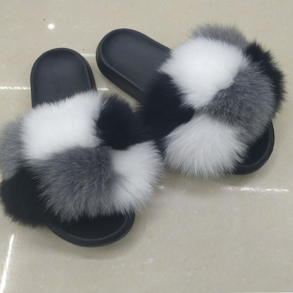 slippers woman flat non-slip fur slides women furry lady's plush drop shoes, Black