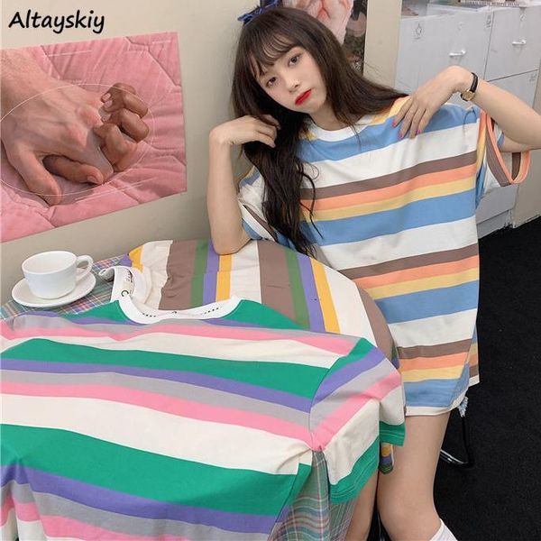 women's t-shirt striped women 5 quarter sleeve t-shirts o-neck colorful fresh sweet loose preppy style students funny summer all-match, White
women's t-shirt striped women 5 quarter sleeve t-shirts o-neck colorful fresh sweet loose preppy style students funny summer all-match, White