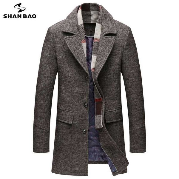 

shan bao brand clothing winter thick and warm men's slim long wool coat classic lapel young casual large size woolen coat m-5xl 210531, Black