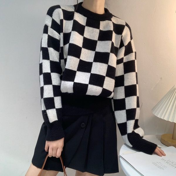black white square check sweater for women in autumn and winter with lazy wind sweater long sleeve loose pullover top, White;black
black white square check sweater for women in autumn and winter with lazy wind sweater long sleeve loose pullover top, White;black