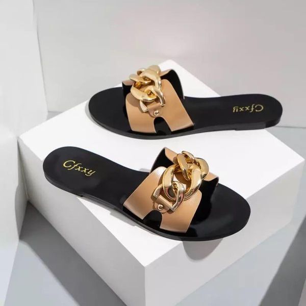new ladies slippers and sandals fashion black metal chain decorated flat sandals round toe women slides female beach shoes 37-42
new ladies slippers and sandals fashion black metal chain decorated flat sandals round toe women slides female beach shoes 37-42