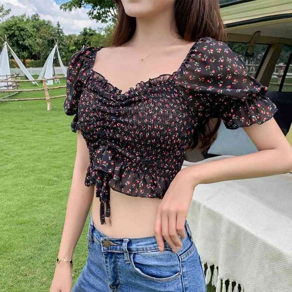 women blouse shirt square neck short sleeve ruffled hem floral print crop polyester cotton woman clothing, White
women blouse shirt square neck short sleeve ruffled hem floral print crop polyester cotton woman clothing, White