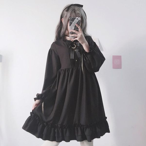 casual dresses 2021 japanese gothic summer chiffon ruffle dress women vintage bow bandage black lolita vestidos robe femme, Black;gray
casual dresses 2021 japanese gothic summer chiffon ruffle dress women vintage bow bandage black lolita vestidos robe femme, Black;gray