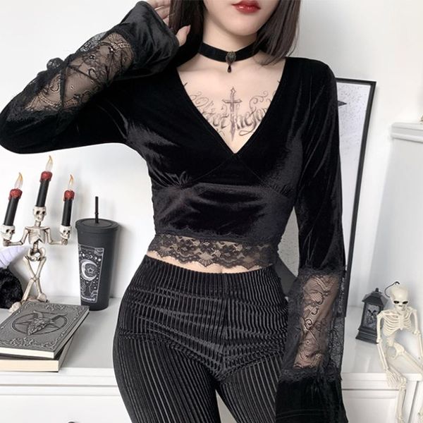 women's t-shirt goth women crop flare long sleeve lace hollow out black gothic retro bodycon female v-neck elegant, White
women's t-shirt goth women crop flare long sleeve lace hollow out black gothic retro bodycon female v-neck elegant, White
