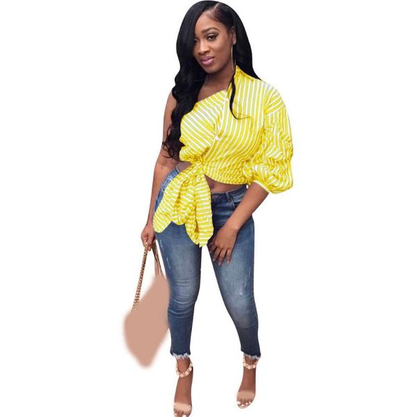 one shoulder striped irregular blouse loose women crop lace up striped blouse, White
one shoulder striped irregular blouse loose women crop lace up striped blouse, White