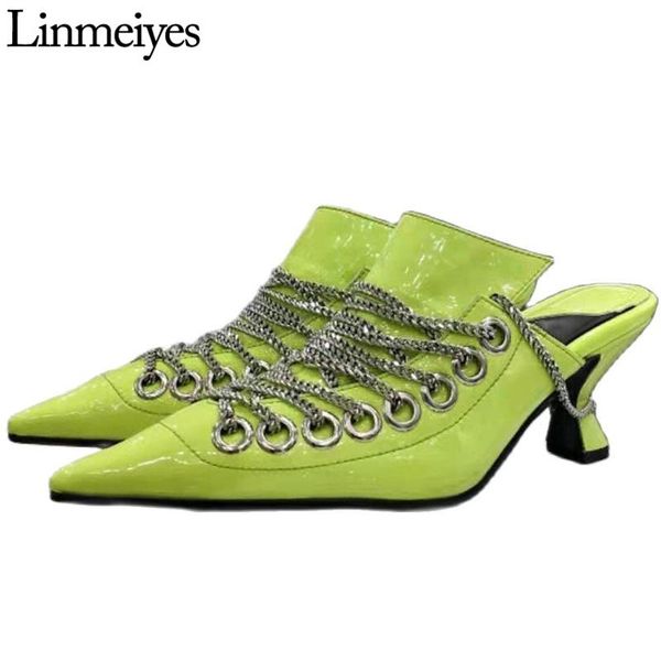 slippers pointy toe mules shoes women patent leather chain strap spike heels fashion party show zapatillas mujer, Black
slippers pointy toe mules shoes women patent leather chain strap spike heels fashion party show zapatillas mujer, Black